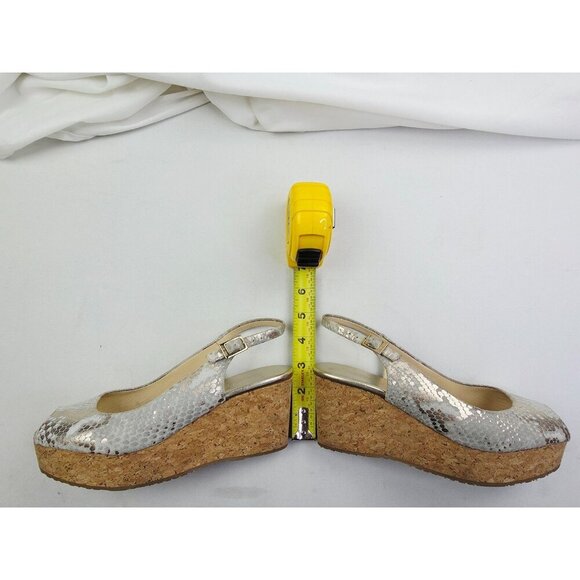 Jimmy Choo Size 38.5 (US 8.5) Womens Snake Print Peep Toe Sling Back Logo Wedge - Picture 3 of 16